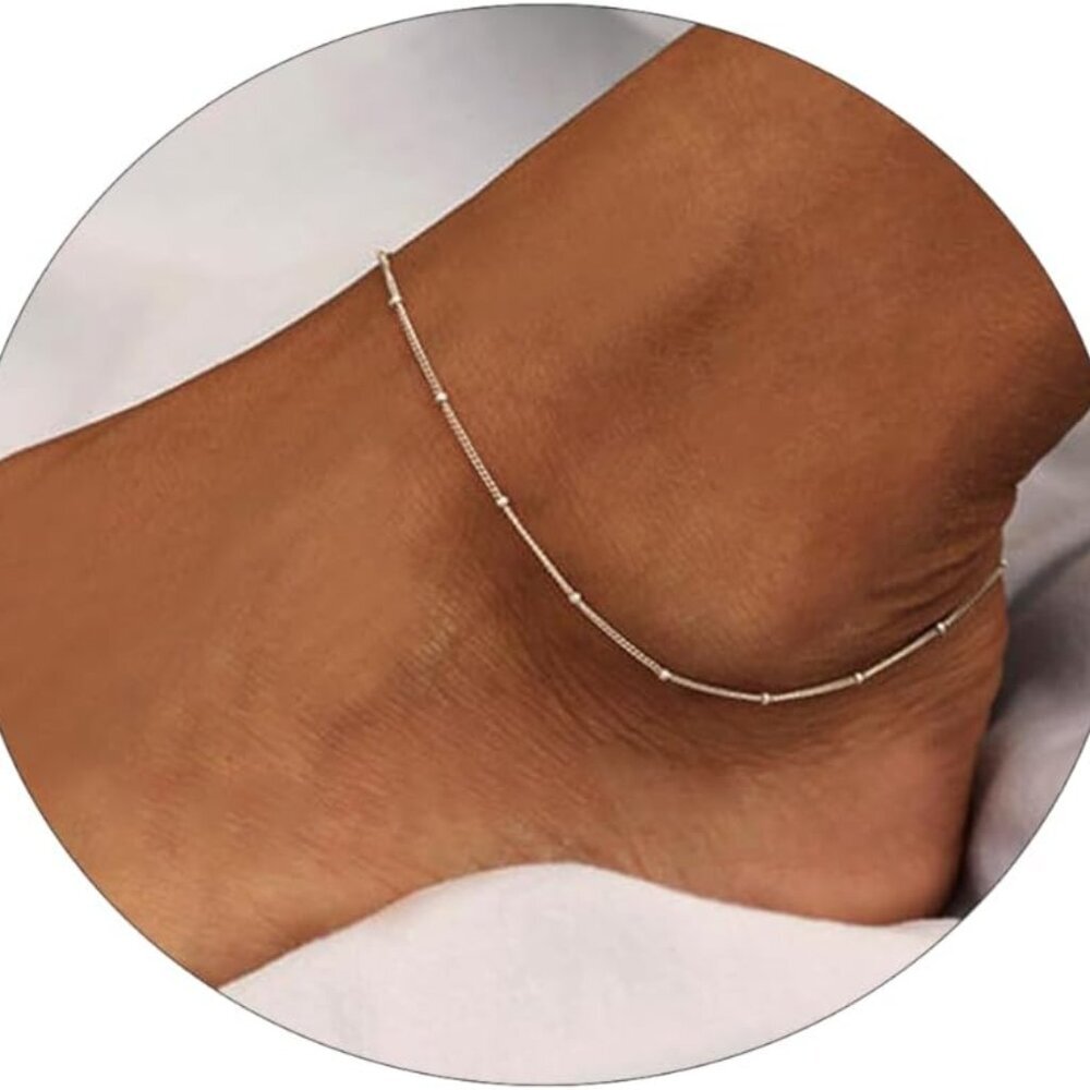 Dainty Simple Chain Anklet for Women 18k Gold/Silver Plated Summer Beach Beaded